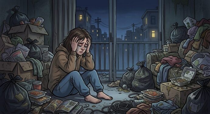 悲しむゴミ屋敷の女性のイラスト
